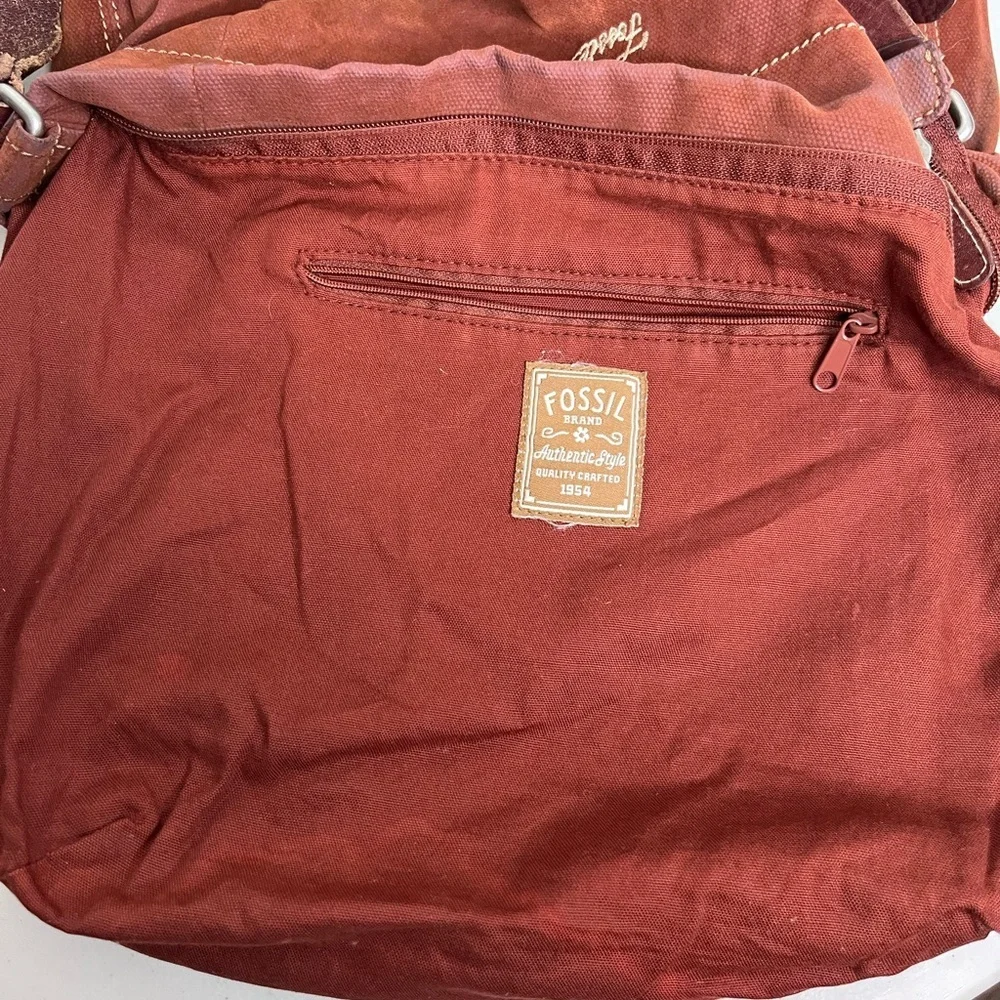 Fossil Rhinestone Buckle Leather Strap Brown Boho Canvas Hobo Bag